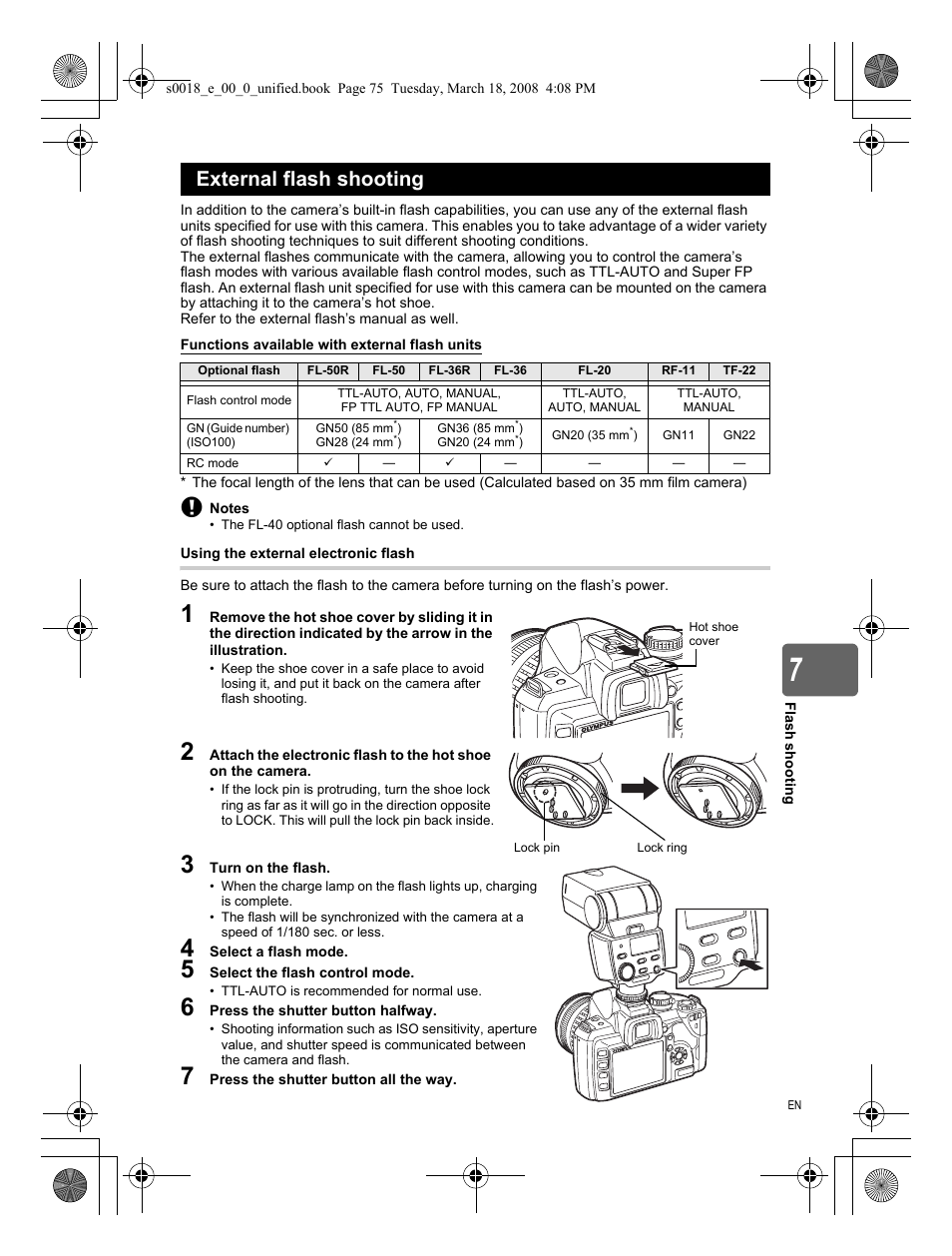 External flash shooting | Olympus E-520 User Manual | Page 75 / 148