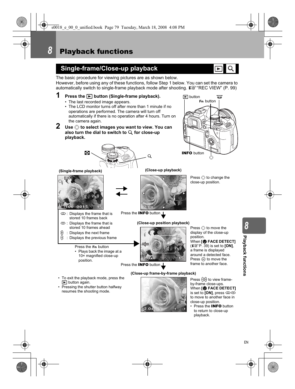 8 playback functions, Single-frame/close-up playback, Playback functions | Olympus E-520 User Manual | Page 79 / 148