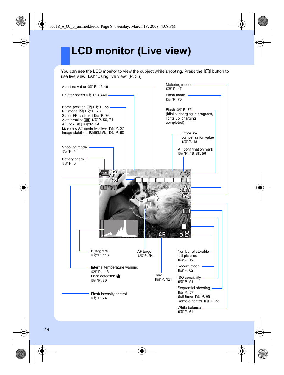 Lcd monitor (live view), L n n | Olympus E-520 User Manual | Page 8 / 148