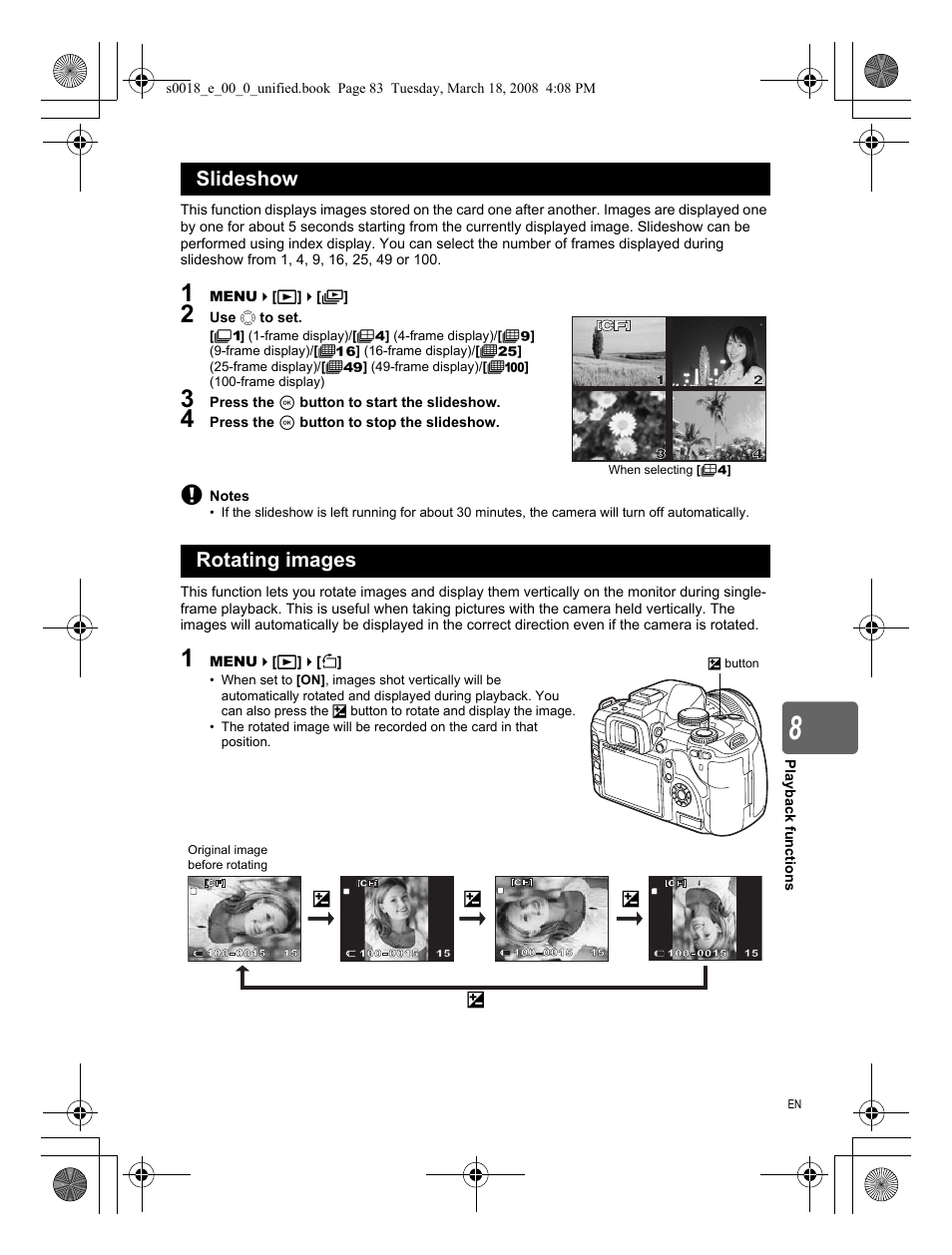Slideshow, Rotating images, Slideshow rotating images | Olympus E-520 User Manual | Page 83 / 148