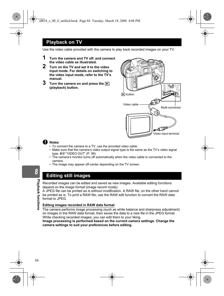 Playback on tv, Editing still images, Playback on tv editing still images | Olympus E-520 User Manual | Page 84 / 148