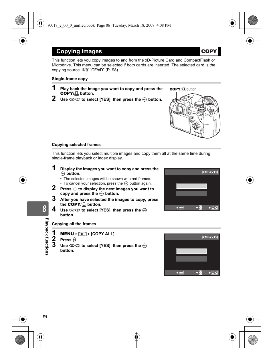 Copying images | Olympus E-520 User Manual | Page 86 / 148