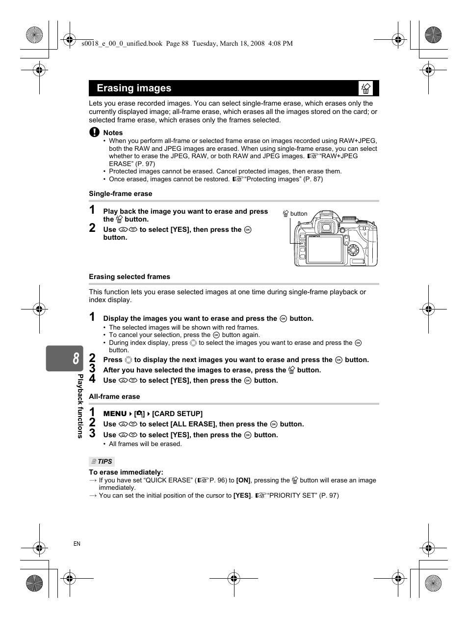 Erasing images | Olympus E-520 User Manual | Page 88 / 148