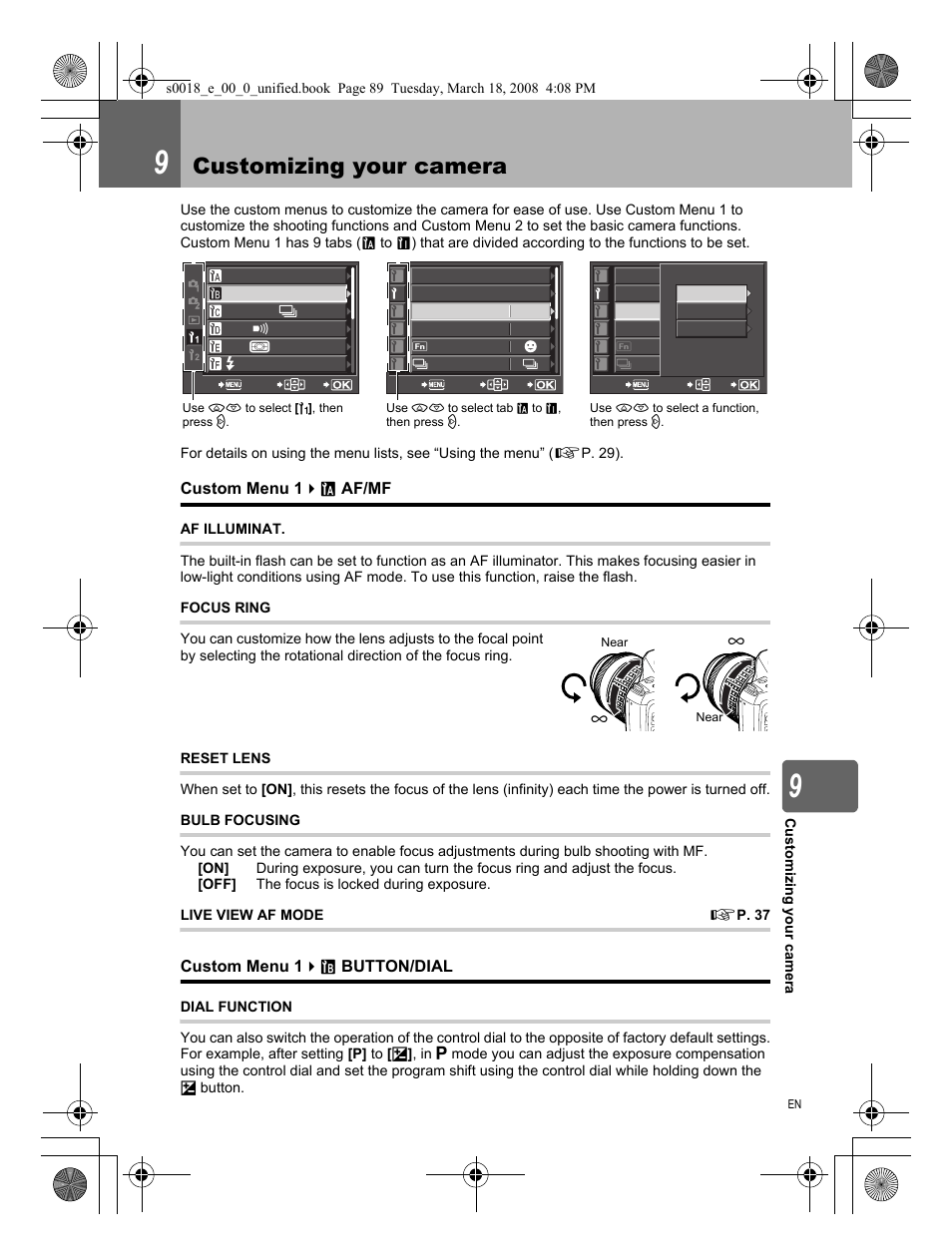 9 customizing your camera, Custom menu 1, Af/mf | Af illuminat, Focus ring, Reset lens, Bulb focusing, Live view af mode, Button/dial, Dial function | Olympus E-520 User Manual | Page 89 / 148