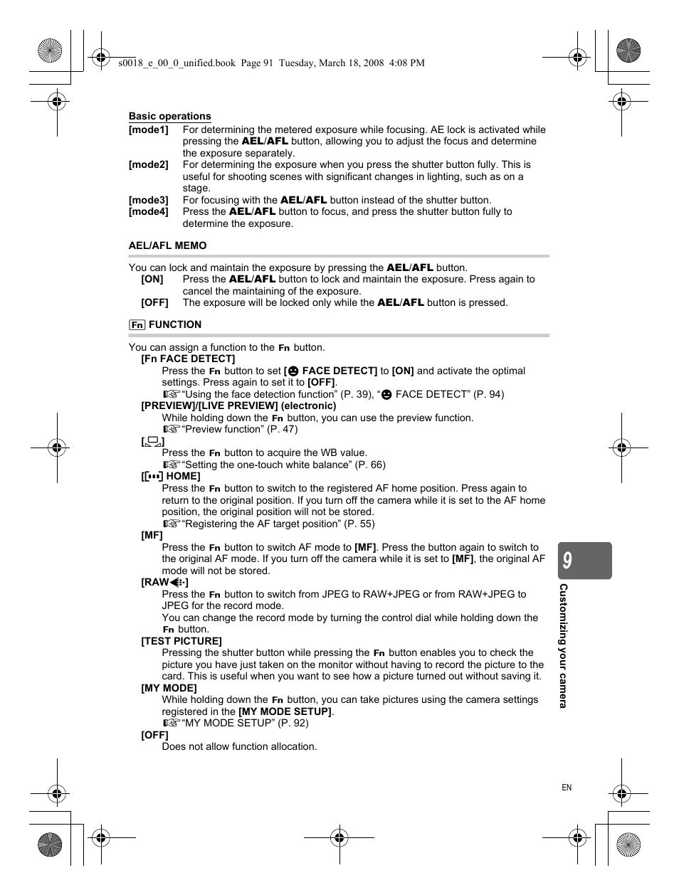 Ael/afl memo, Fn〕function | Olympus E-520 User Manual | Page 91 / 148