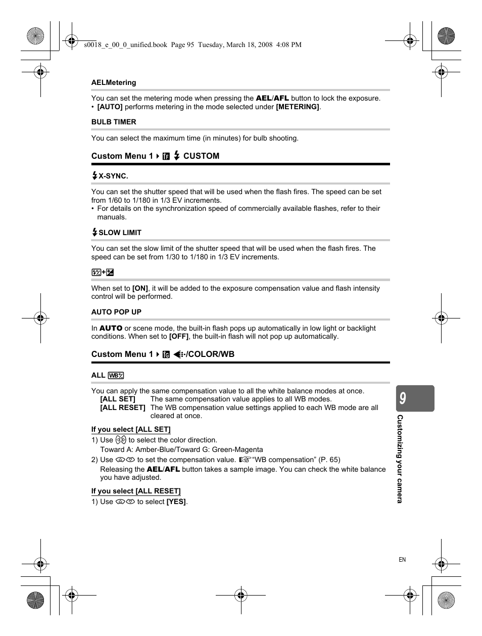 Aelmetering, Bulb timer, Custom | X-sync, Slow limit, Auto pop up, Color/wb | Olympus E-520 User Manual | Page 95 / 148
