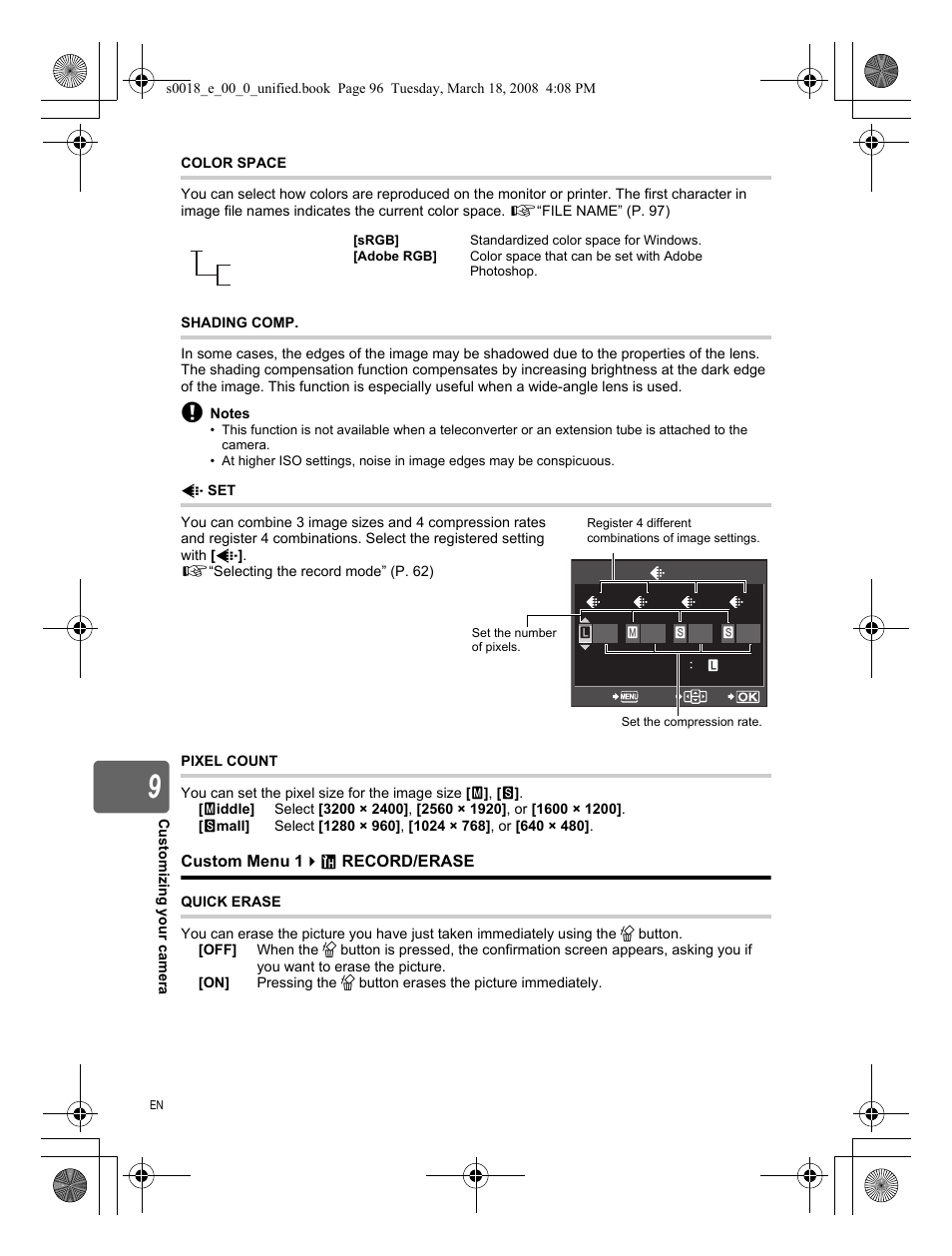 Color space, Shading comp, Pixel count | Record/erase, Quick erase | Olympus E-520 User Manual | Page 96 / 148