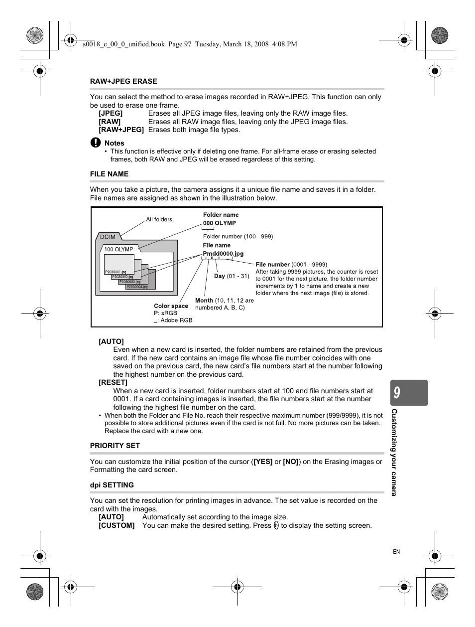 Raw+jpeg erase, File name, Priority set | Dpi setting | Olympus E-520 User Manual | Page 97 / 148