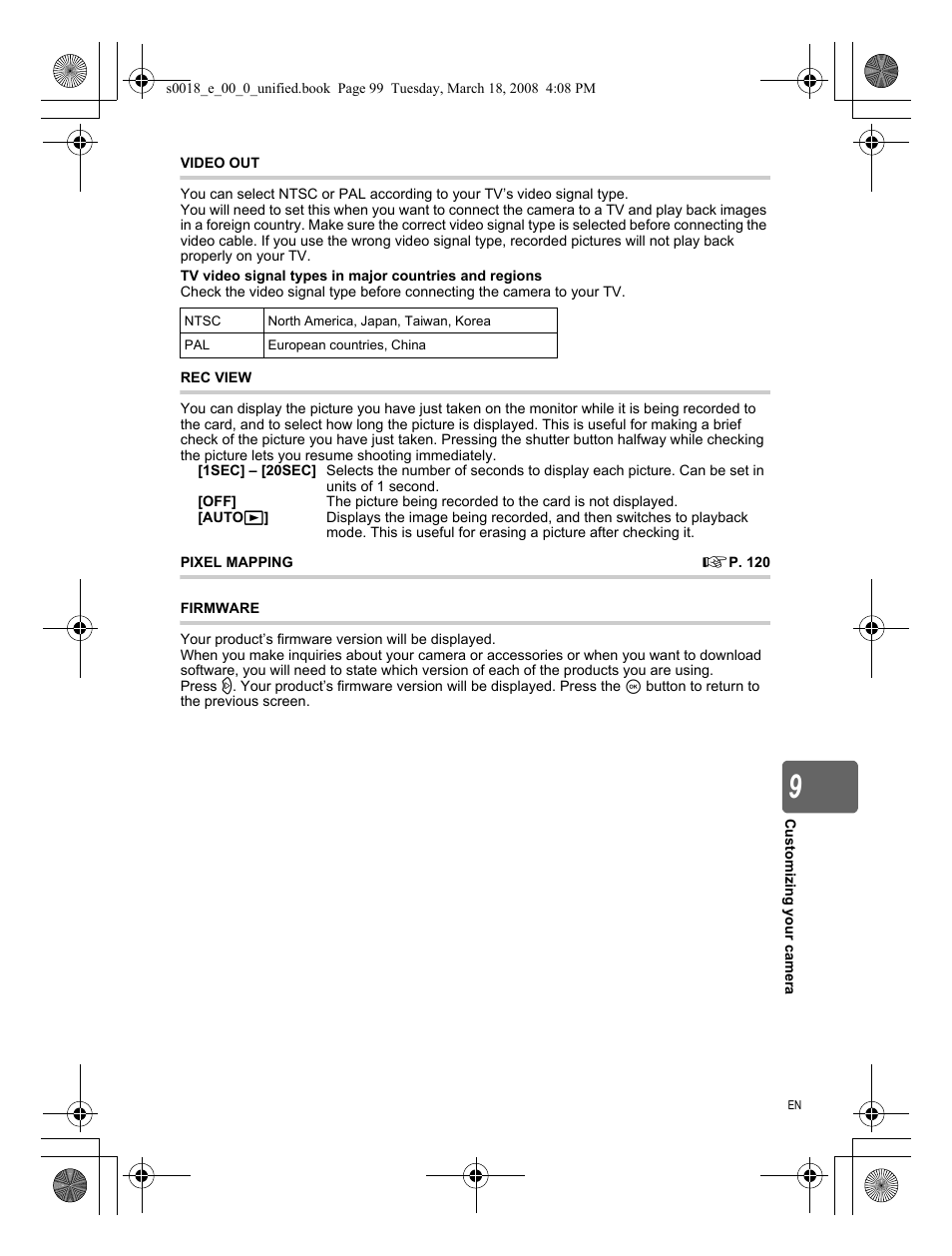 Video out, Rec view, Pixel mapping | Firmware | Olympus E-520 User Manual | Page 99 / 148