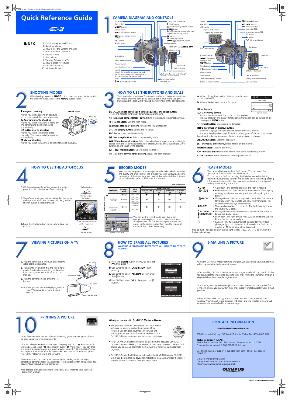 Quick reference guide, Index, Camera diagram and controls | Shooting modes, How to use the buttons and dials, How to use the autofocus, Record modes, Flash modes, Viewing pictures on a tv, How to erase all pictures | Olympus E-3 User Manual | Page 2 / 2