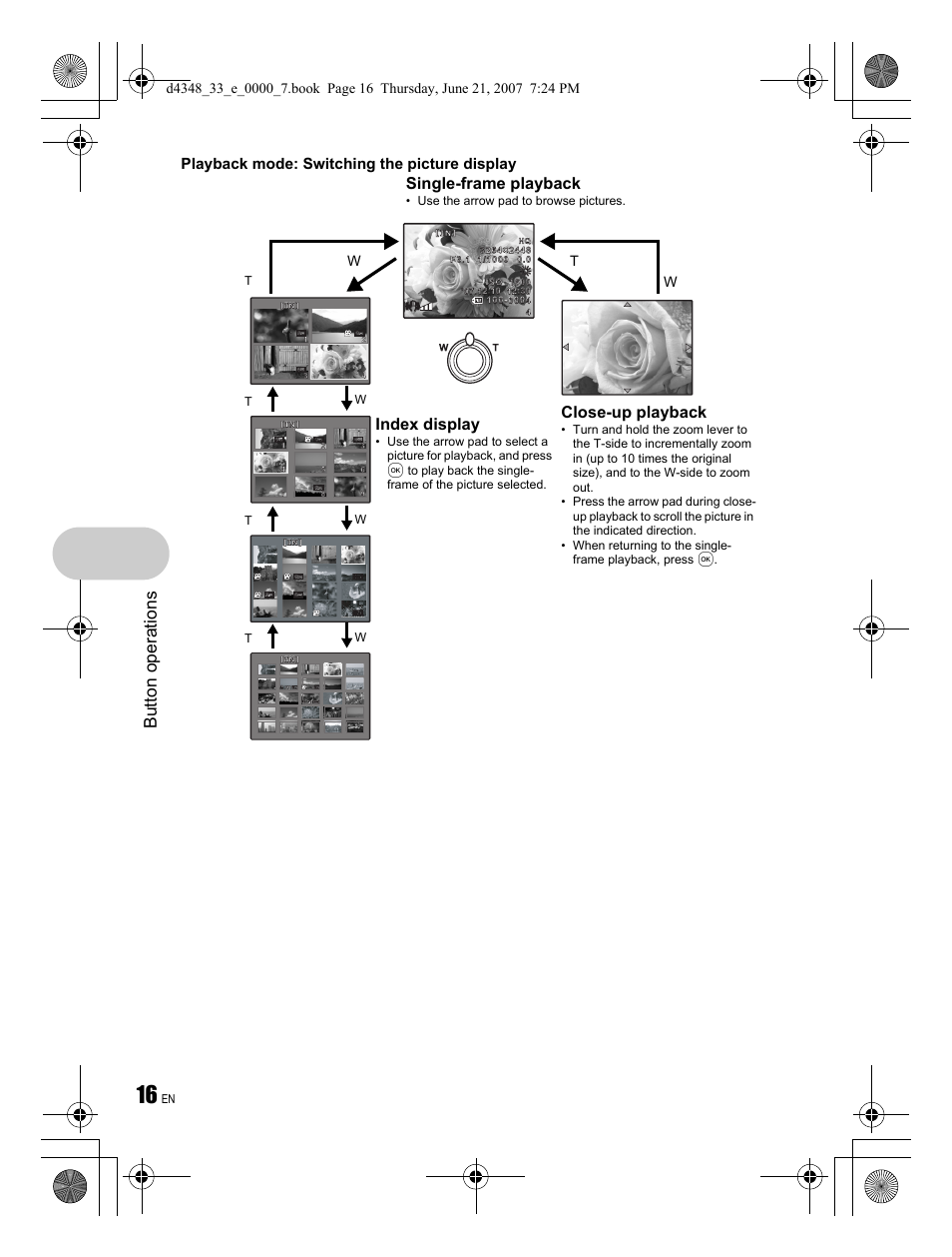 Button operations, Close-up playback, Index display | Single-frame playback, Playback mode: switching the picture display, Wt w | Olympus FE-280 User Manual | Page 16 / 68