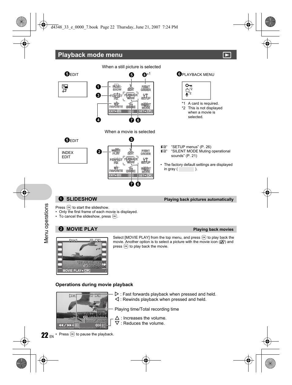 Playback mode menu q, Menu operations, Slideshow | Movie play, Operations during movie playback | Olympus FE-280 User Manual | Page 22 / 68