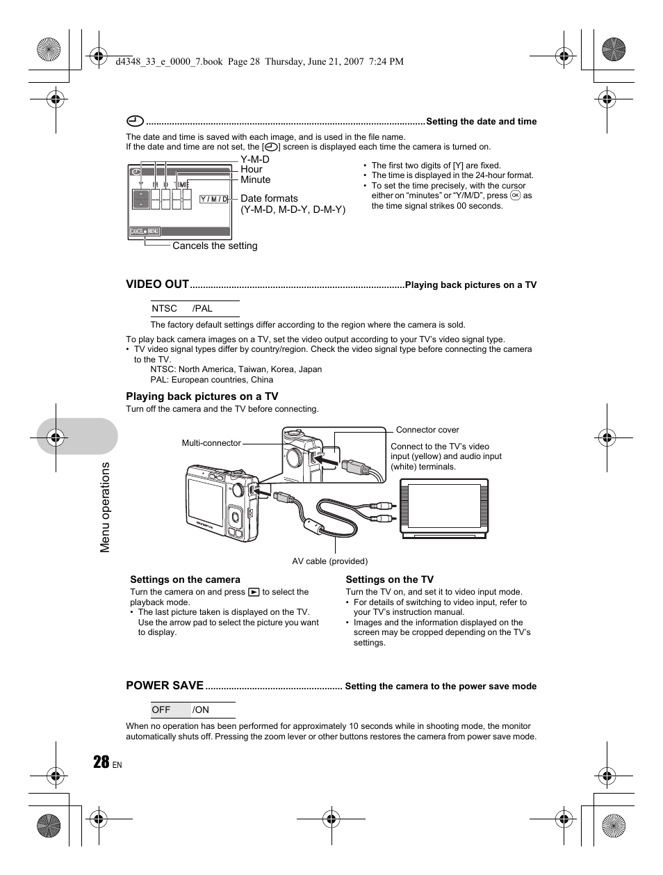Menu operations, Video out, Power save | Olympus FE-280 User Manual | Page 28 / 68