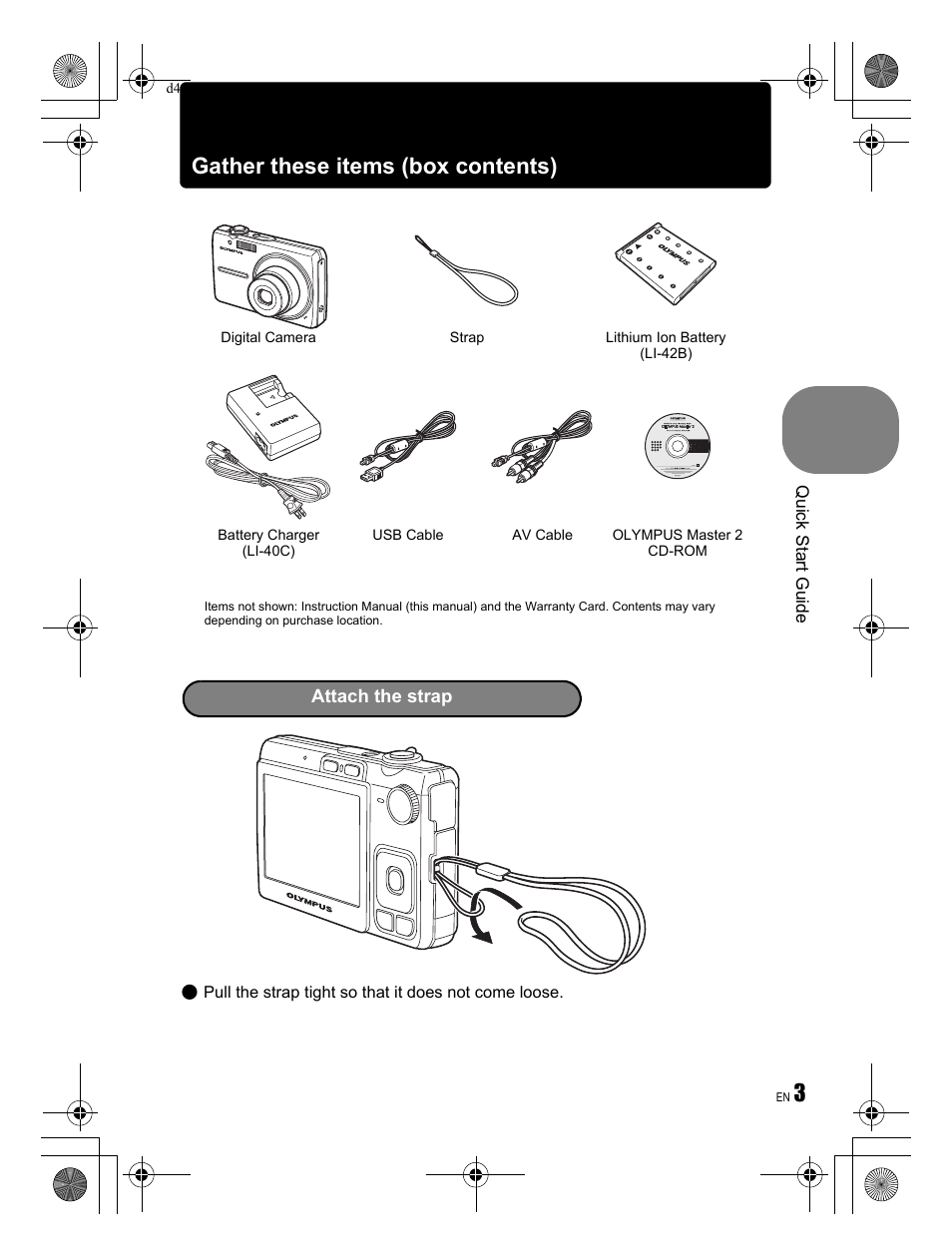 Gather these items (box contents) | Olympus FE-280 User Manual | Page 3 / 68
