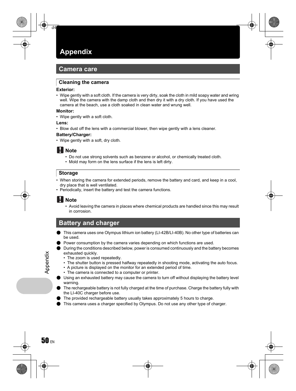 Appendix, Camera care, Battery and charger | Olympus FE-280 User Manual | Page 50 / 68