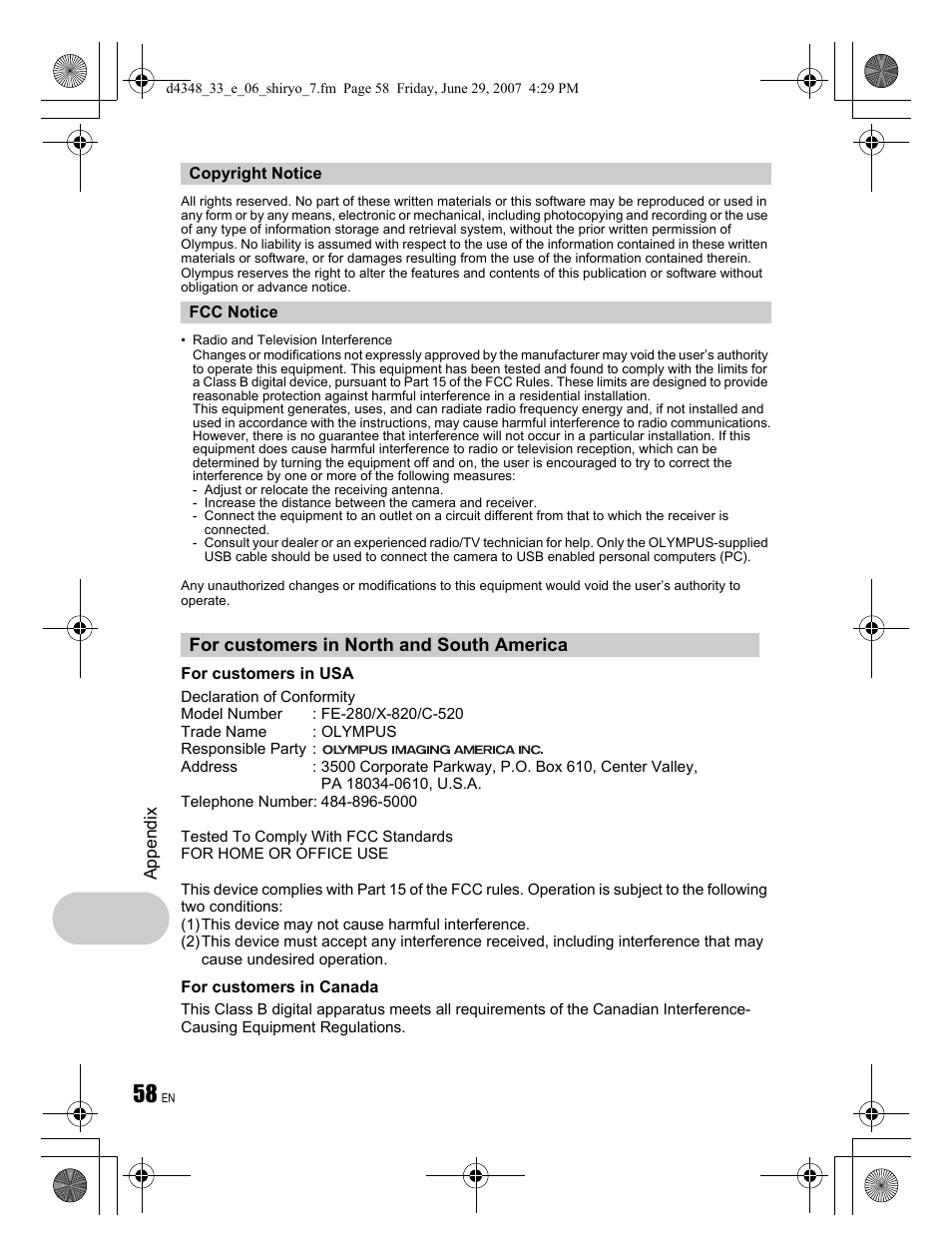 For customers in north and south america | Olympus FE-280 User Manual | Page 58 / 68