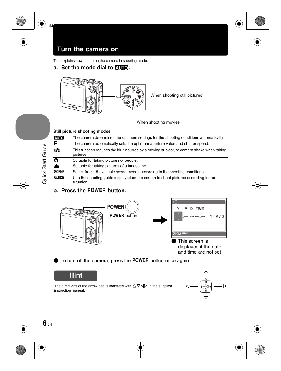Turn the camera on, Hint, A. set the mode dial to h | B. press the o button | Olympus FE-280 User Manual | Page 6 / 68