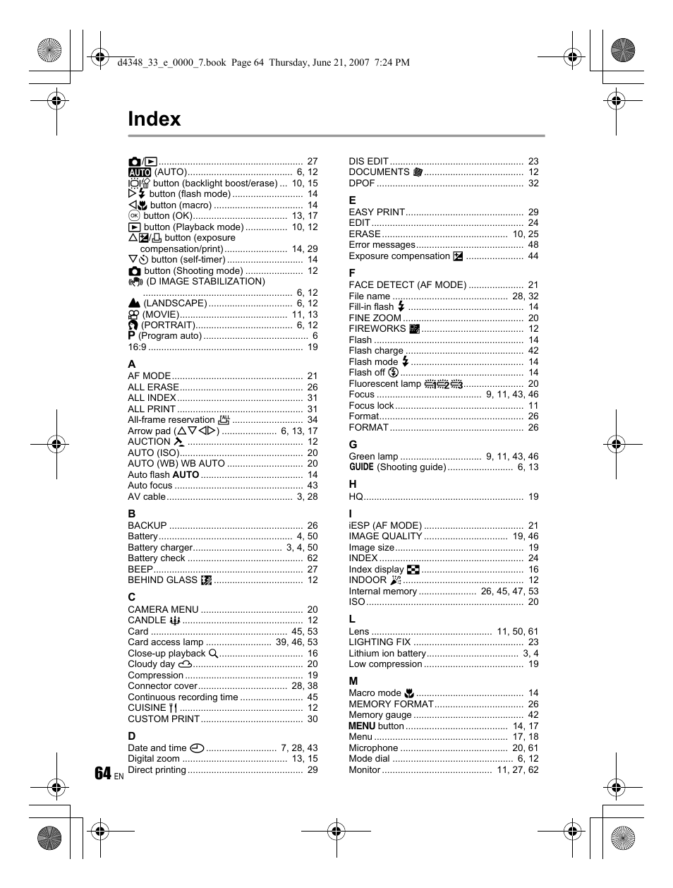 Index | Olympus FE-280 User Manual | Page 64 / 68