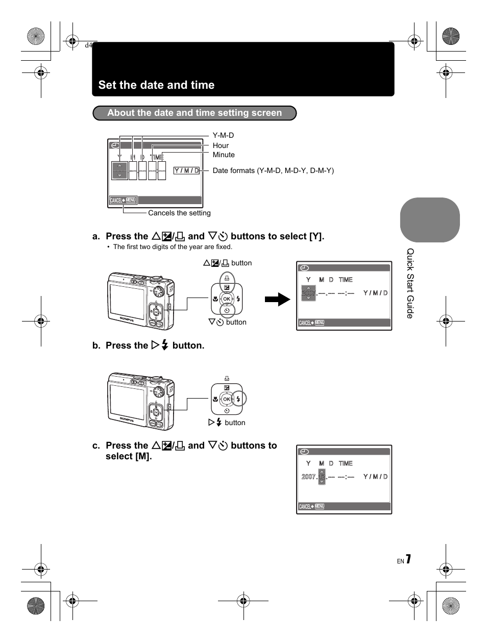 Set the date and time, A. press the of / < and ny buttons to select [y, Quick start guide | Olympus FE-280 User Manual | Page 7 / 68
