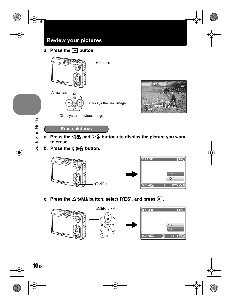 Review your pictures, Erase pictures | Olympus FE-300 User Manual | Page 10 / 68