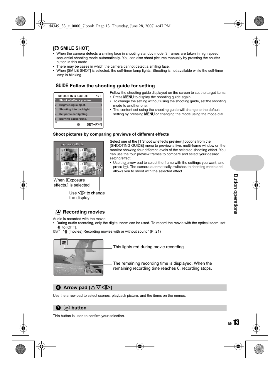 Button operati o ns, Smile shot | Olympus FE-300 User Manual | Page 13 / 68