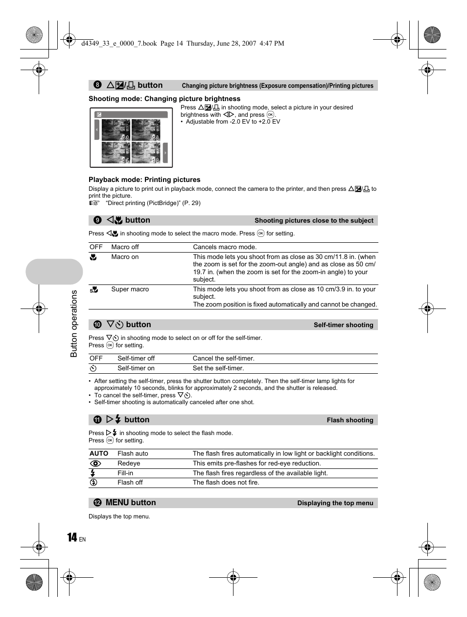 Button operations, Of / < button, X& button | Ny button, Y# button, M button, 90 a b | Olympus FE-300 User Manual | Page 14 / 68
