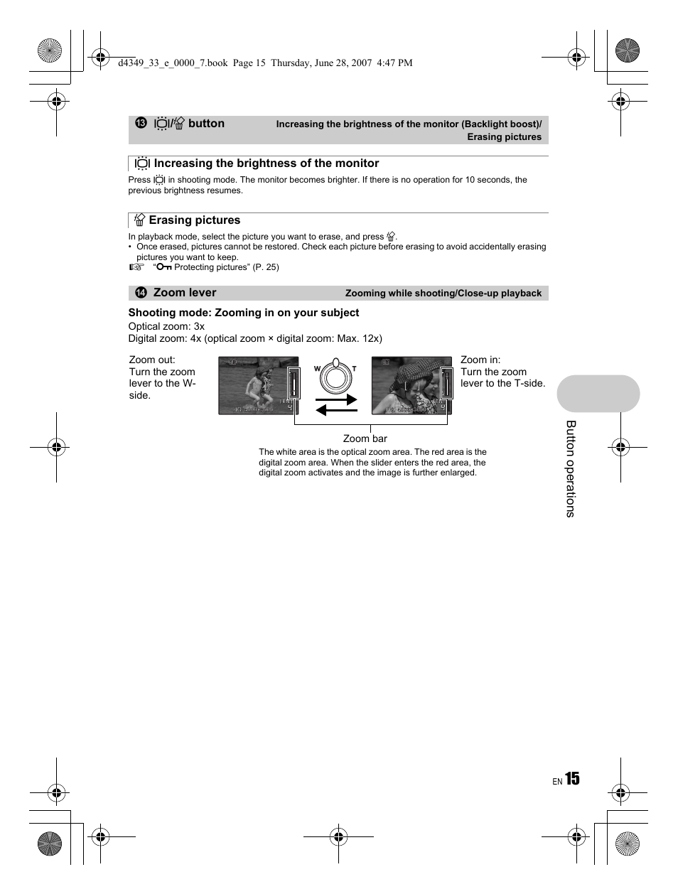 Button operati o ns, S button | Olympus FE-300 User Manual | Page 15 / 68
