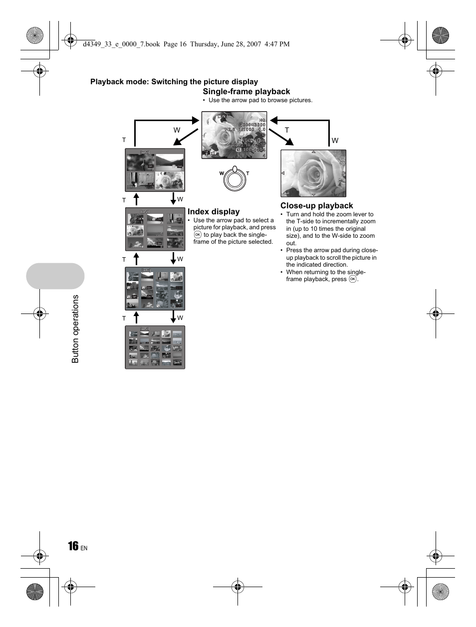 Button operations, Close-up playback, Index display | Single-frame playback, Playback mode: switching the picture display, Wt w | Olympus FE-300 User Manual | Page 16 / 68