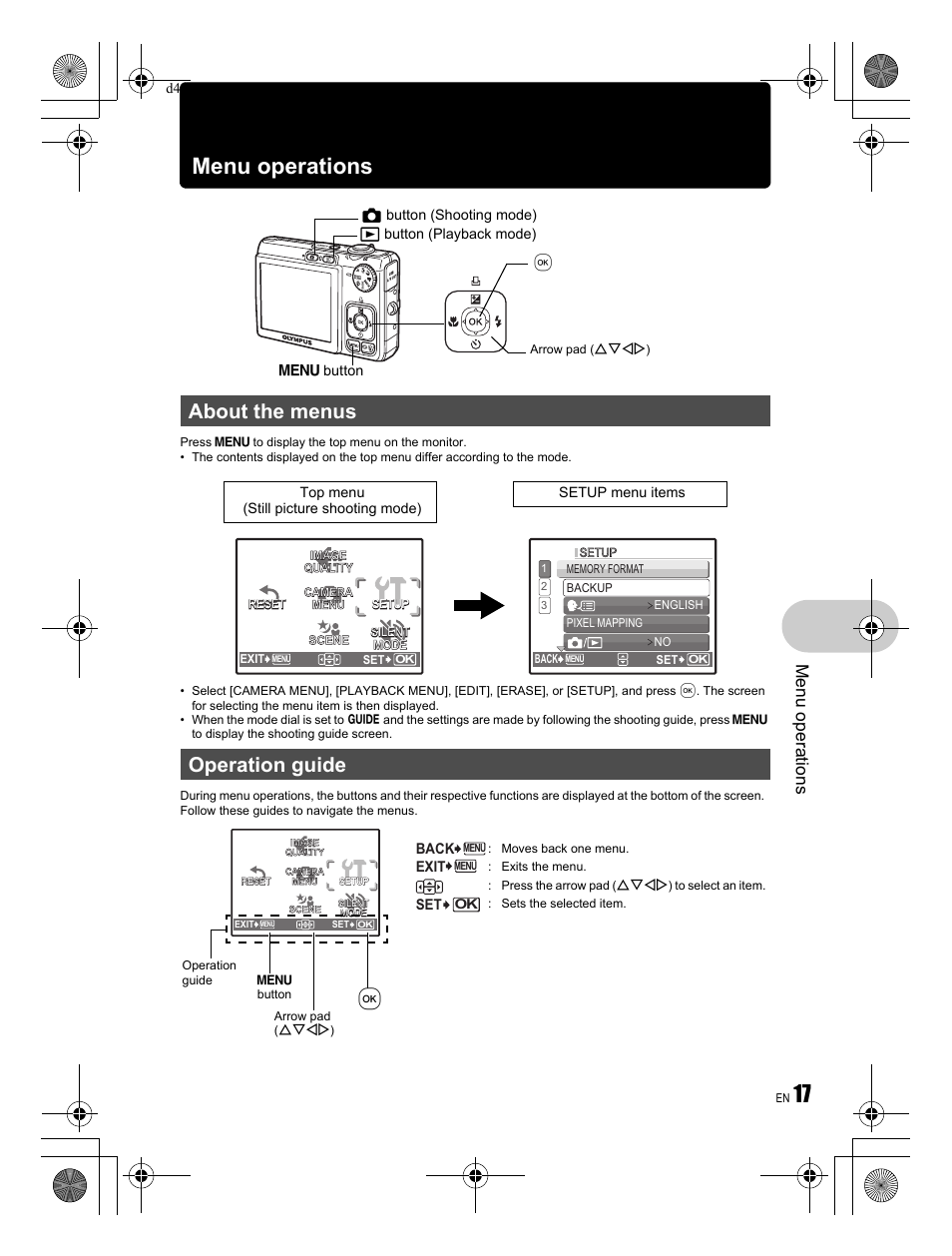 About the menus operation guide, Menu operations | Olympus FE-300 User Manual | Page 17 / 68