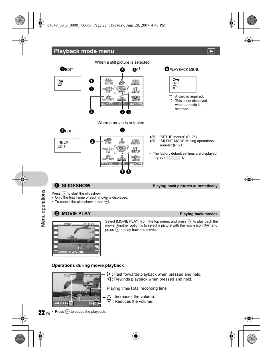 Playback mode menu q, Menu operations, Slideshow | Movie play, Operations during movie playback | Olympus FE-300 User Manual | Page 22 / 68