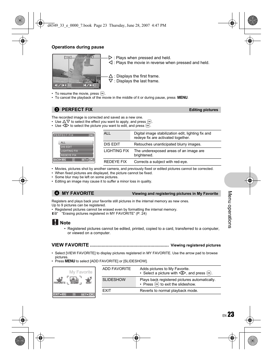 Menu operations, Perfect fix, My favorite | View favorite | Olympus FE-300 User Manual | Page 23 / 68