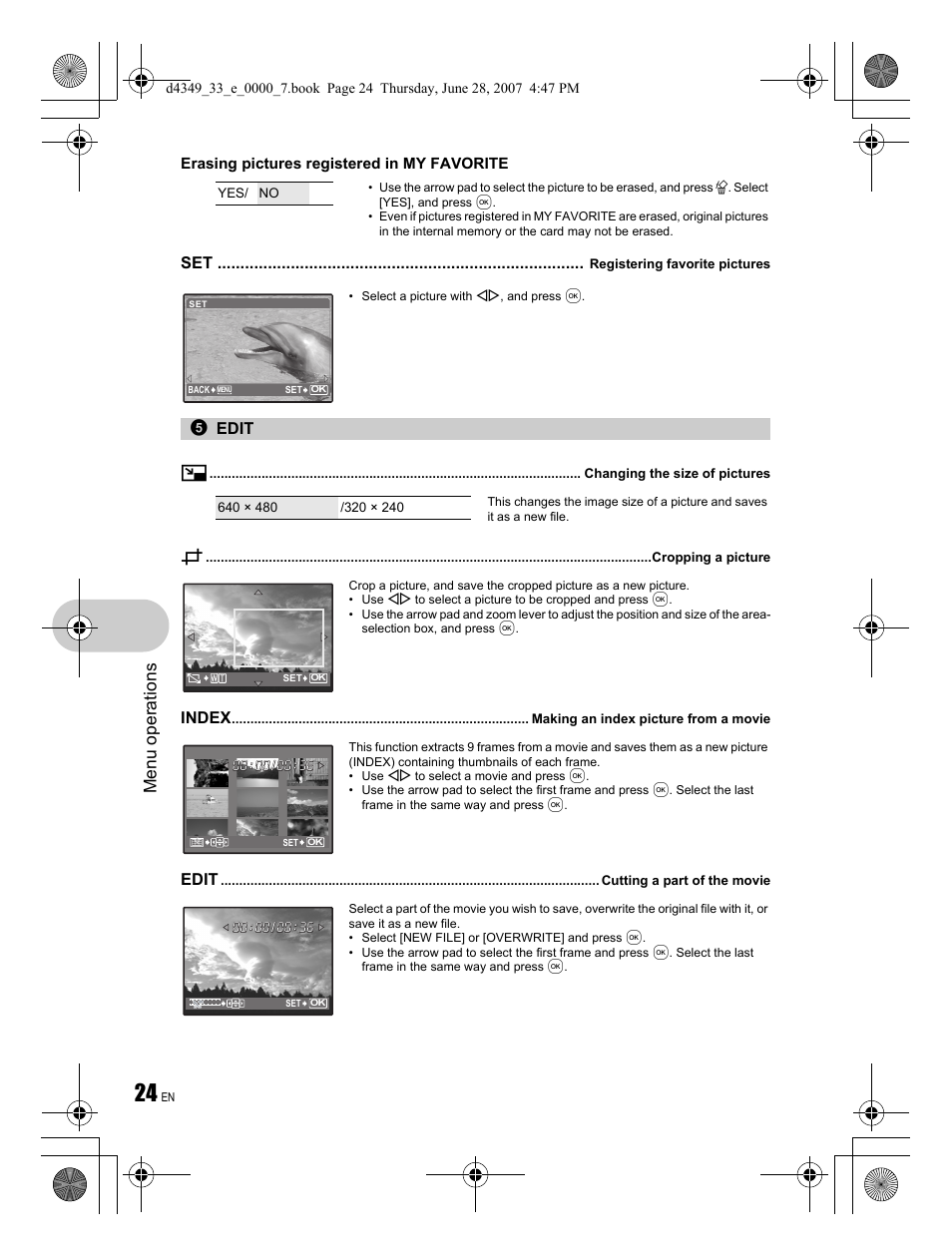 Menu operations, Edit q, Index | Edit | Olympus FE-300 User Manual | Page 24 / 68