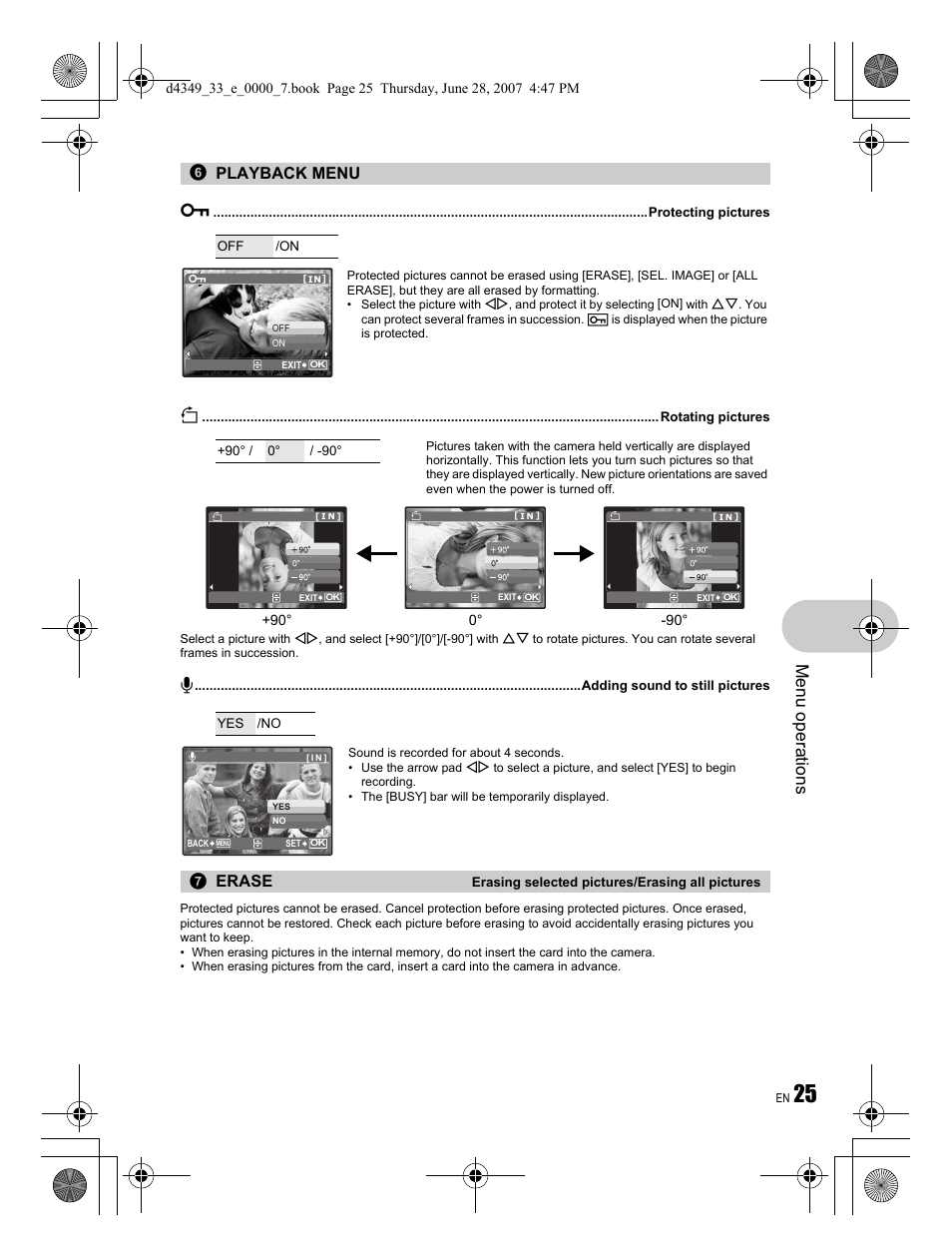Menu operations, Playback menu 0, Erase | Olympus FE-300 User Manual | Page 25 / 68