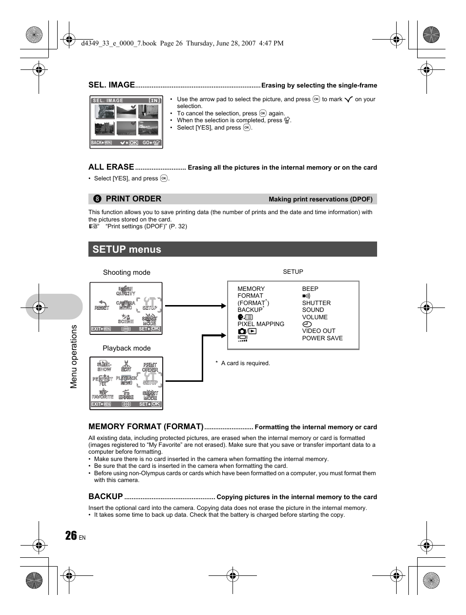 Setup menus, Menu operations, Sel. image | All erase, Print order, Backup | Olympus FE-300 User Manual | Page 26 / 68