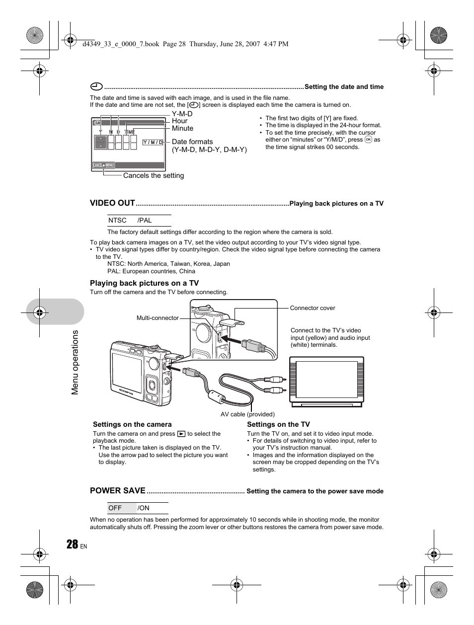 Menu operations, Video out, Power save | Olympus FE-300 User Manual | Page 28 / 68