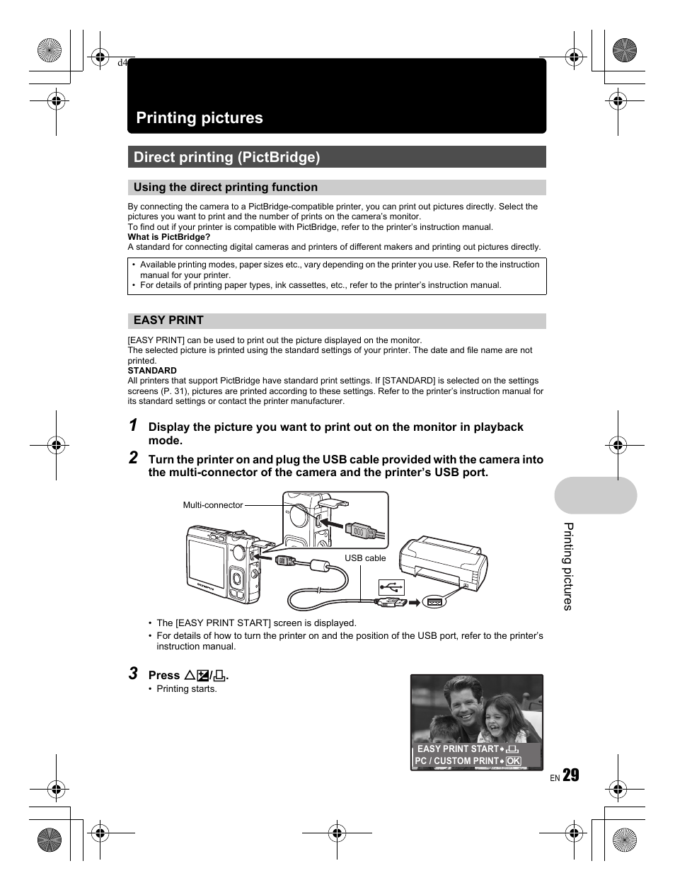 Printing pictures, Direct printing (pictbridge) | Olympus FE-300 User Manual | Page 29 / 68