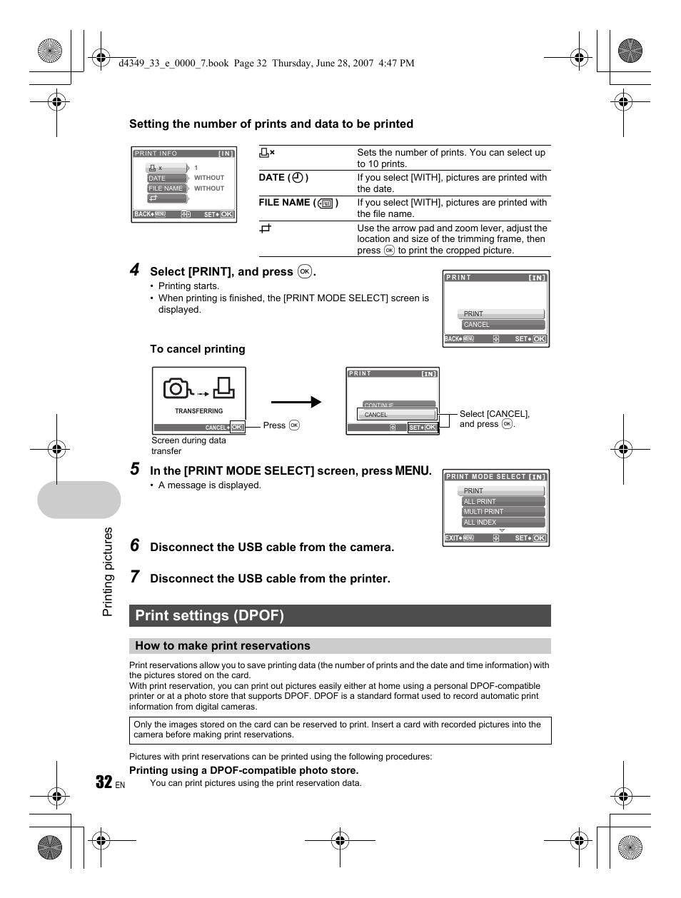 Print settings (dpof), Printing pictures, Select [print], and press | Disconnect the usb cable from the camera, Disconnect the usb cable from the printer, How to make print reservations | Olympus FE-300 User Manual | Page 32 / 68