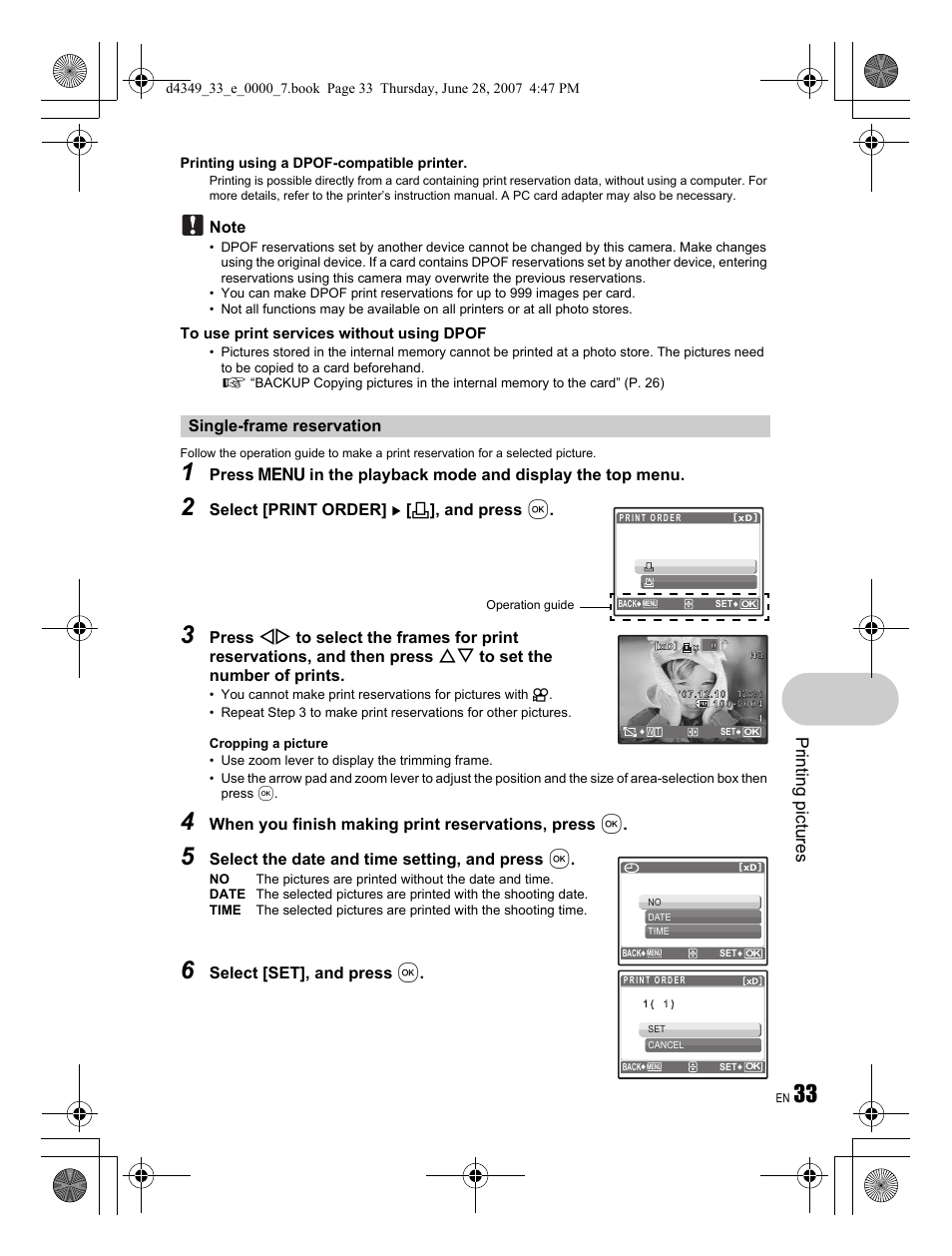 Printing pictures, Select [print order] [ < ], and press, When you finish making print reservations, press | Select the date and time setting, and press | Olympus FE-300 User Manual | Page 33 / 68