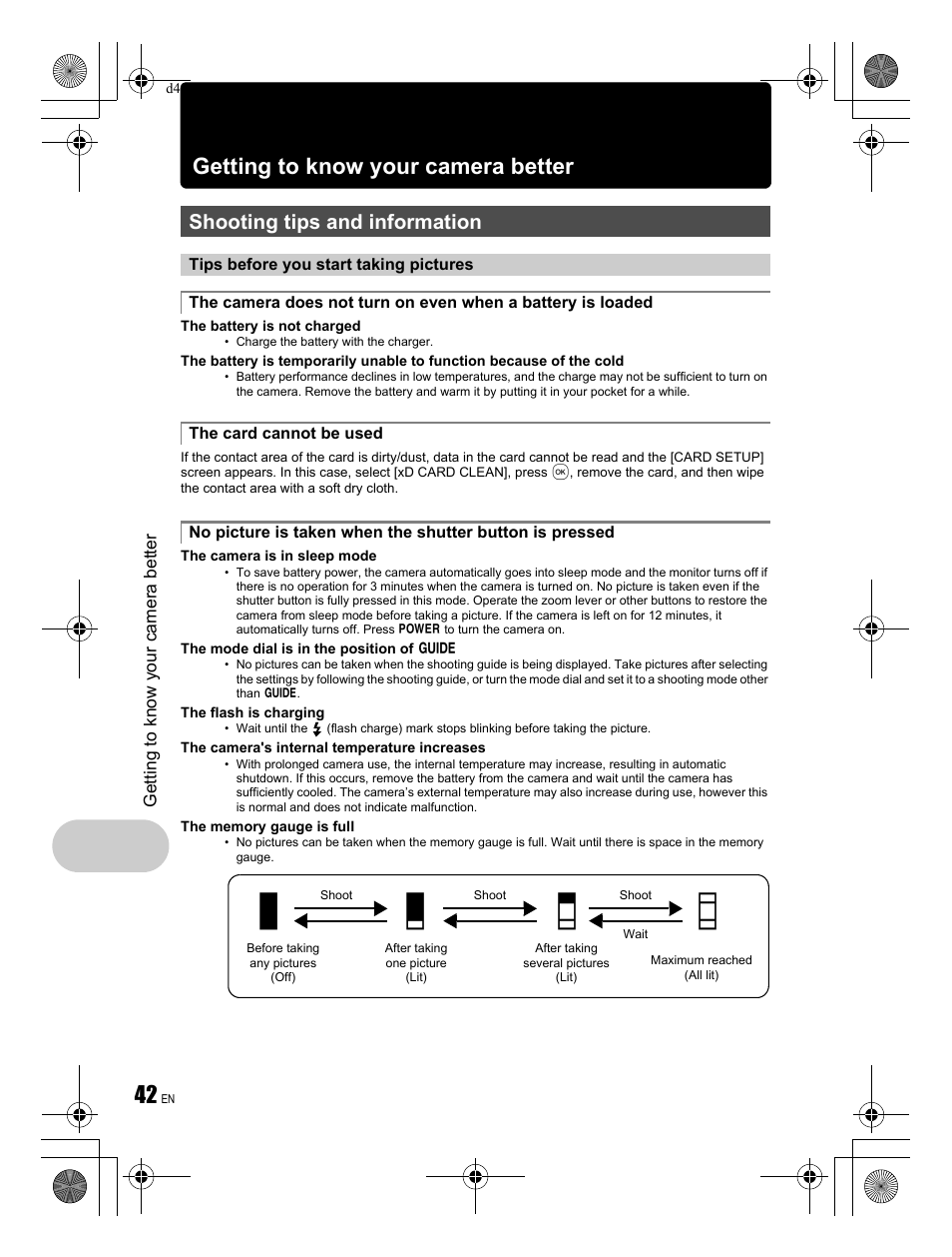 A b c d, Getting to know your camera better, Shooting tips and information | Olympus FE-300 User Manual | Page 42 / 68