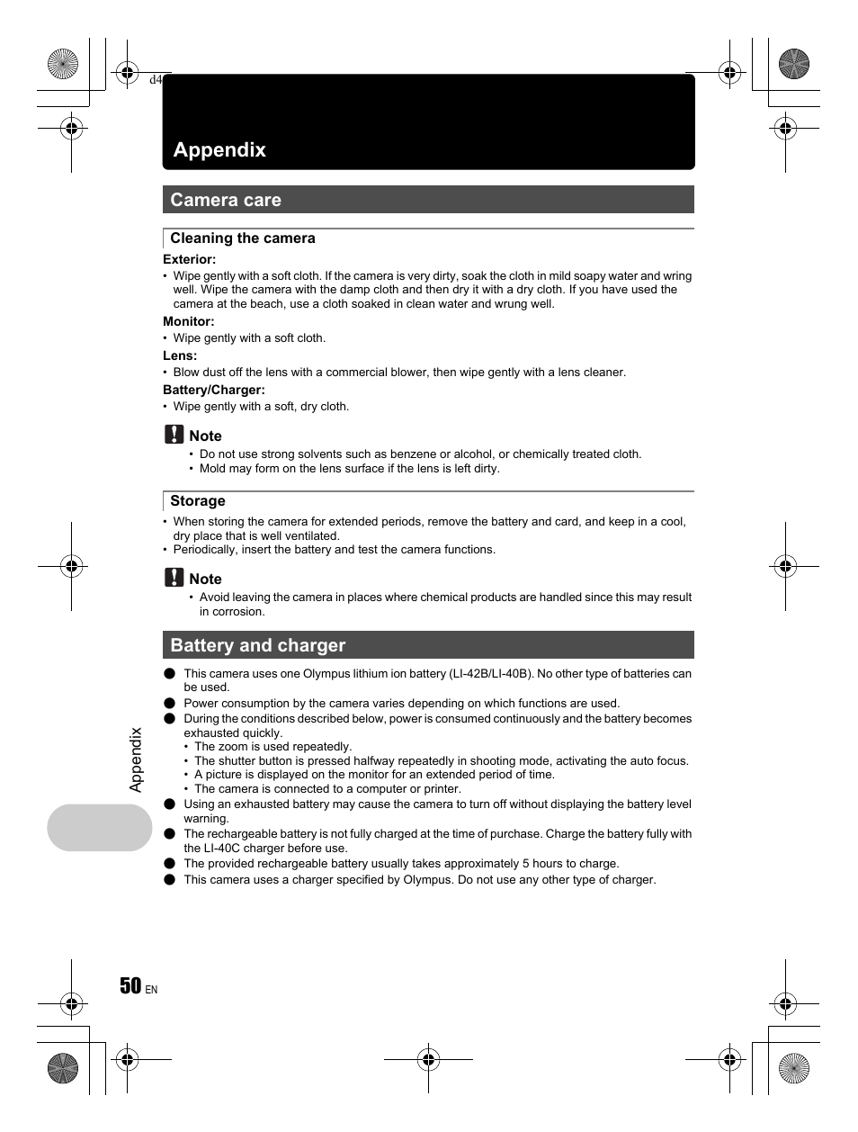 Appendix, Camera care, Battery and charger | Olympus FE-300 User Manual | Page 50 / 68