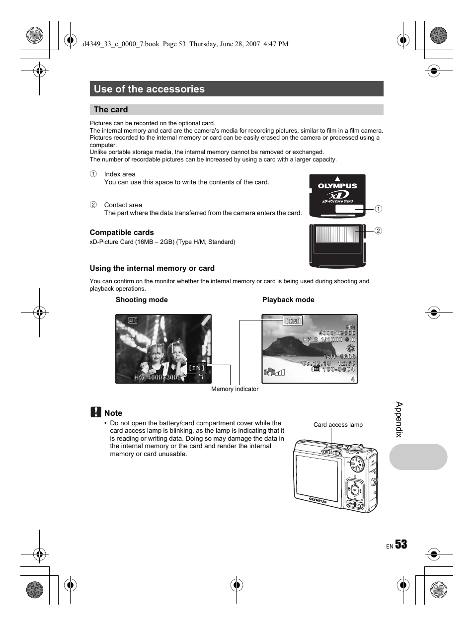 Use of the accessories, Appendix | Olympus FE-300 User Manual | Page 53 / 68
