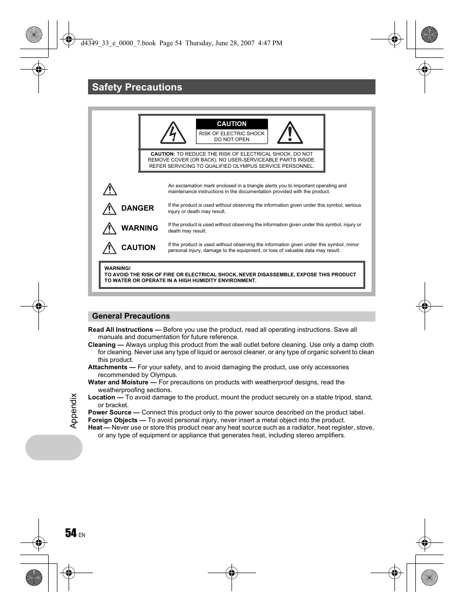 Safety precautions, Appendix | Olympus FE-300 User Manual | Page 54 / 68