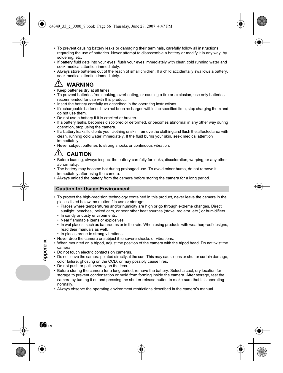 Warning, Caution | Olympus FE-300 User Manual | Page 56 / 68