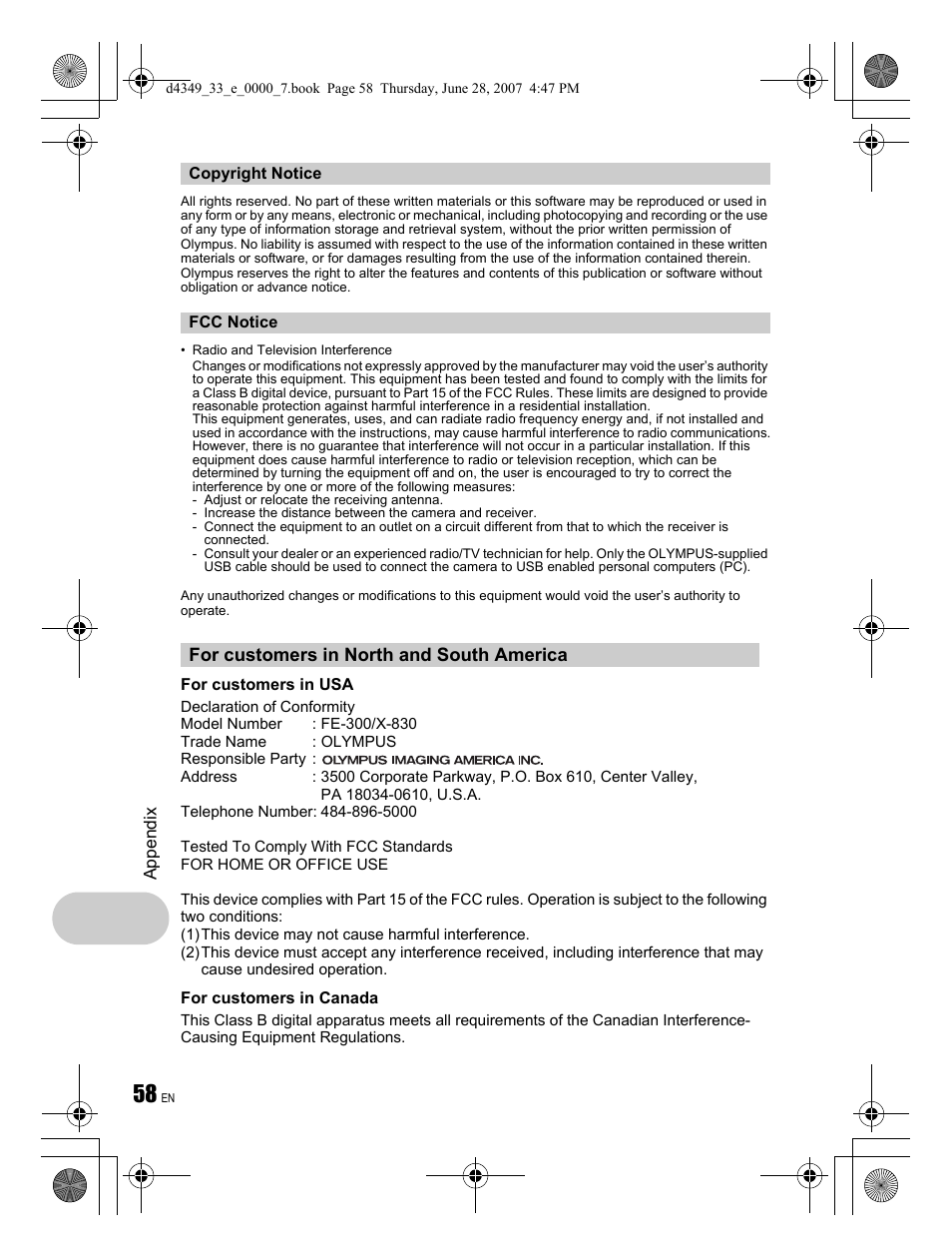 For customers in north and south america | Olympus FE-300 User Manual | Page 58 / 68