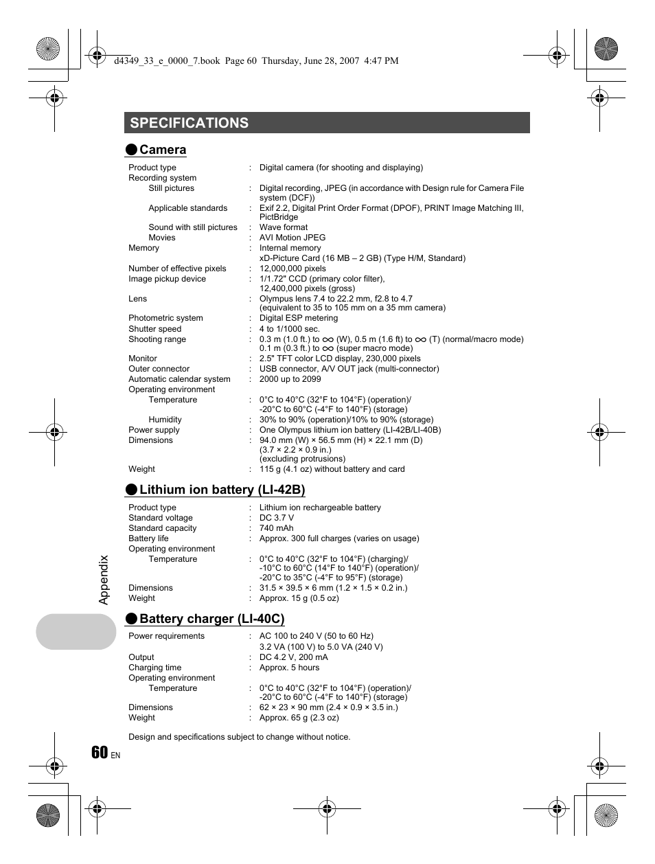 Specifications, Camera, Lithium ion battery (li-42b) | Battery charger (li-40c), Appendix | Olympus FE-300 User Manual | Page 60 / 68