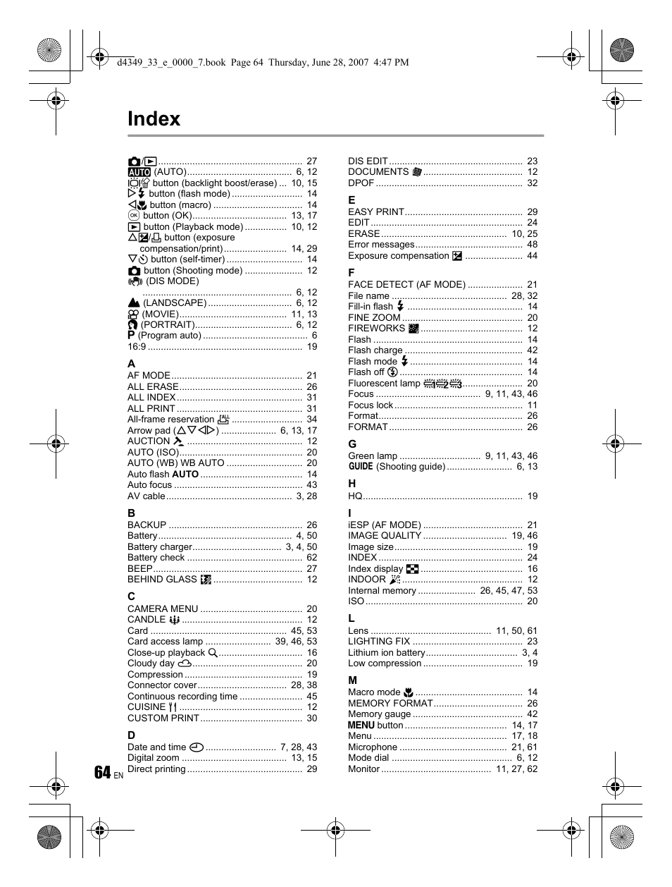 Index | Olympus FE-300 User Manual | Page 64 / 68