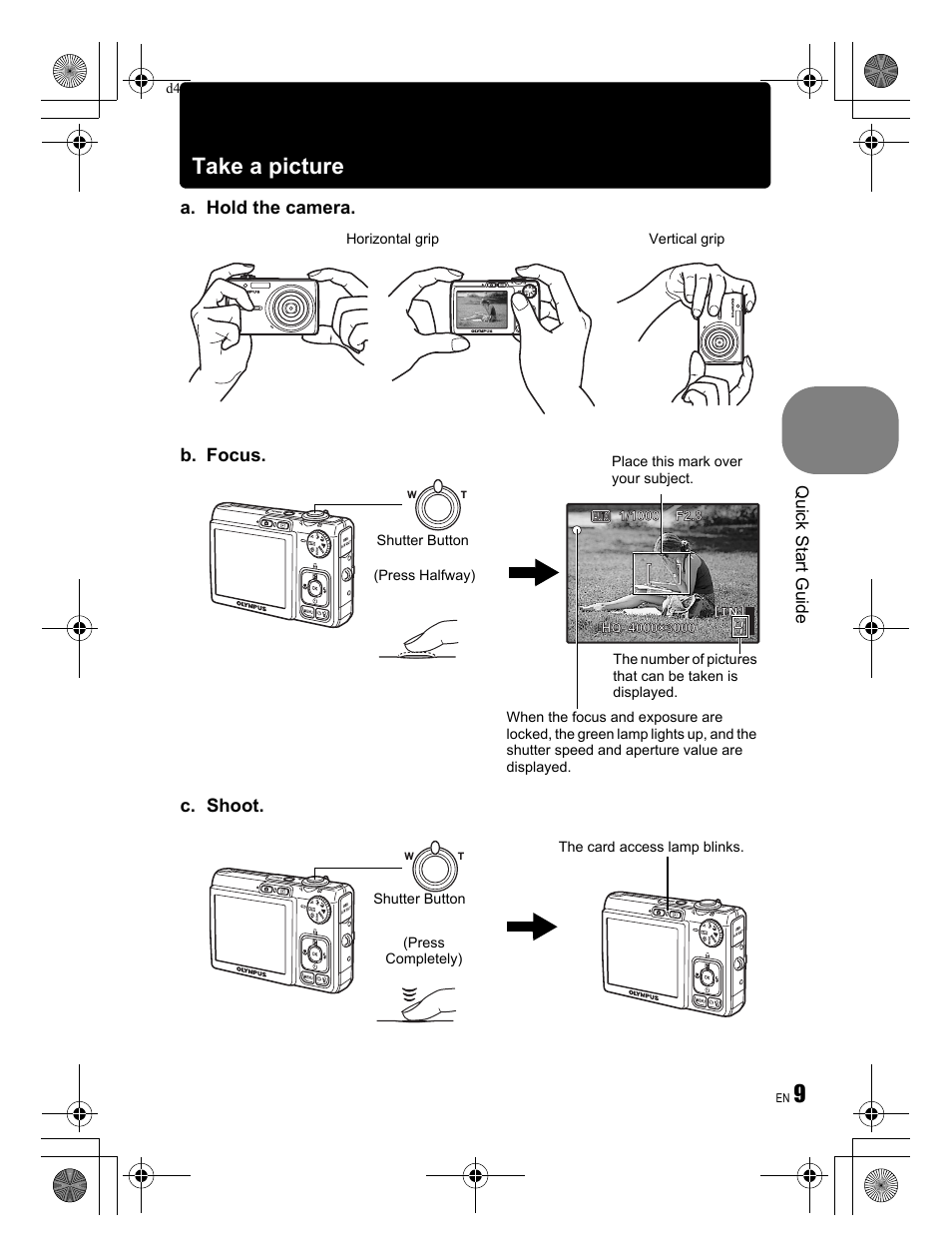 Take a picture | Olympus FE-300 User Manual | Page 9 / 68