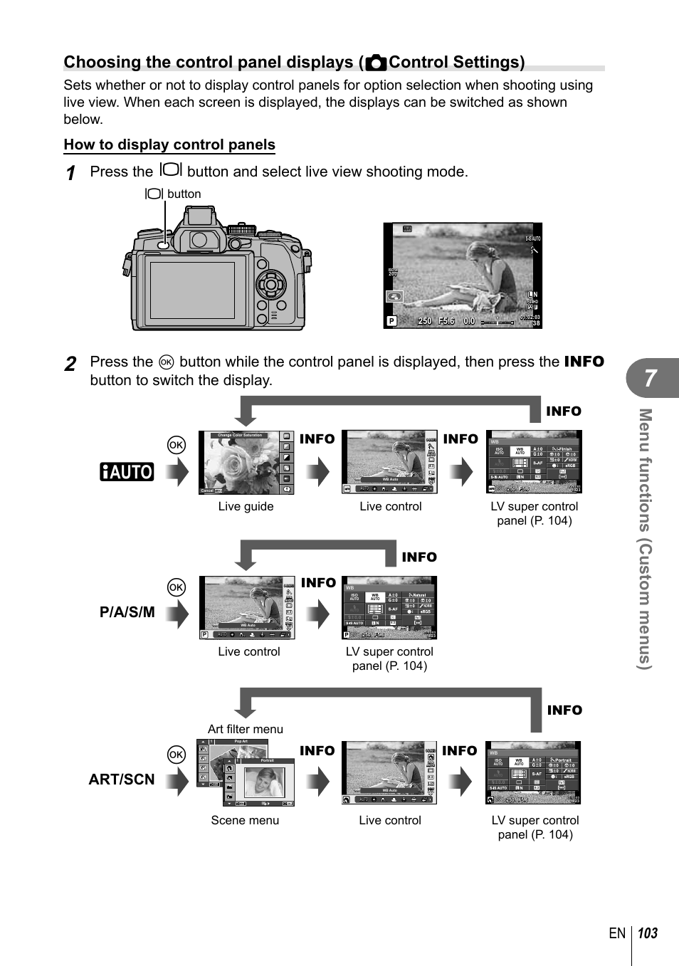 Menu functions (custom menus), 103 en, How to display control panels | P/a/s/m art/scn, Info, U button, Live guide, Art fi lter menu, Scene menu, Lv super control panel (p. 104) | Olympus E-M1 User Manual | Page 103 / 165