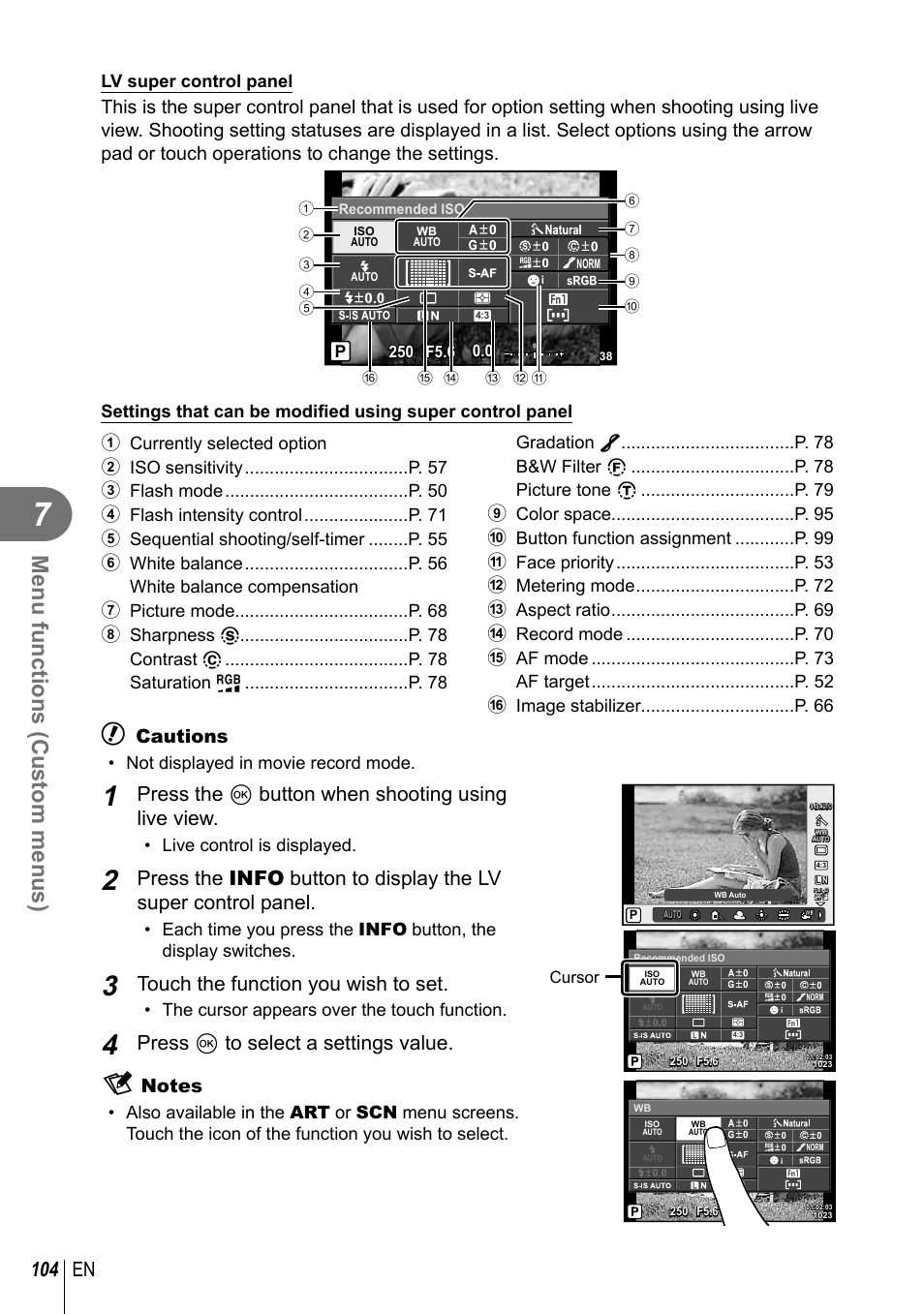 Menu functions (custom menus), 104 en, Press the q button when shooting using live view | Touch the function you wish to set, Press q to select a settings value, Cautions, Lv super control panel, Not displayed in movie record mode, Live control is displayed, The cursor appears over the touch function | Olympus E-M1 User Manual | Page 104 / 165