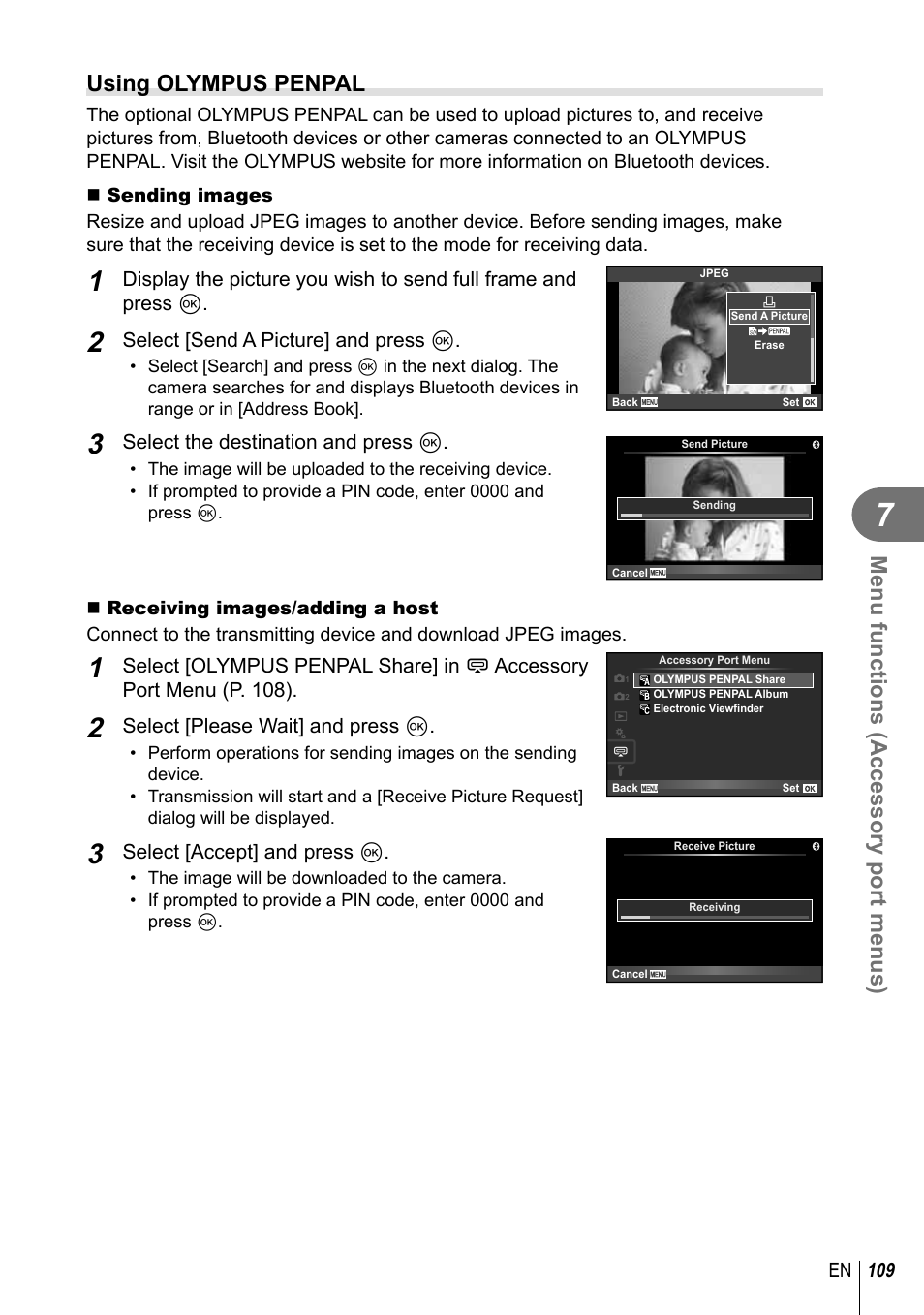 Menu functions (accessory port menus), Using olympus penpal | Olympus E-M1 User Manual | Page 109 / 165